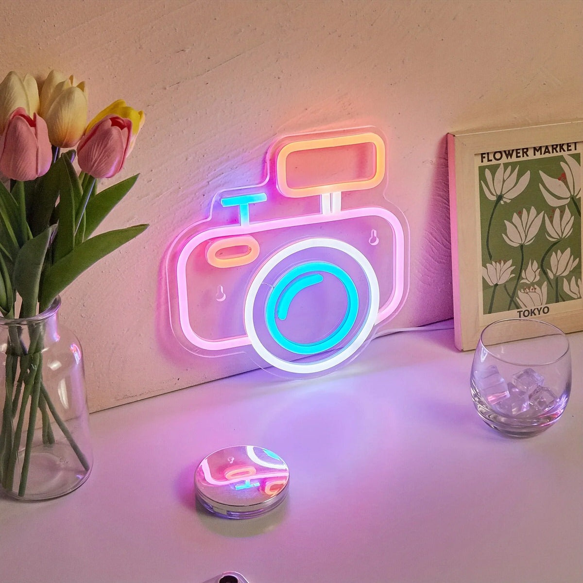 Camera LED Neon Wall Sign — Warm LED Mood Lighting for Bedside — Detail
