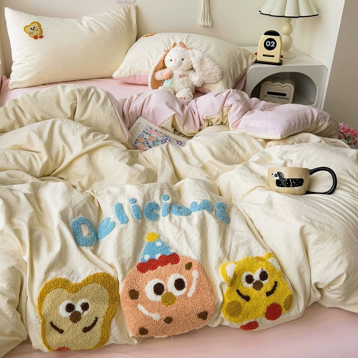 Cartoon Embroidered Toast Bread Bedding Set — Soft-Touch Cotton Duvet & Pillowcases — Front view