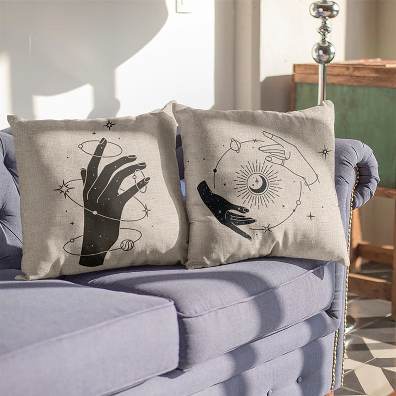 Celestial Hands Cushion Cover — Monochrome Linen Pillow for Boho Bedroom — Detail