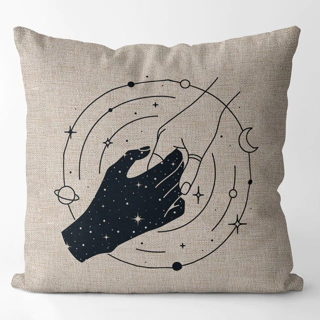 Celestial Hands Cushion Cover — Monochrome Linen Pillow for Boho Bedroom — Lifestyle 1