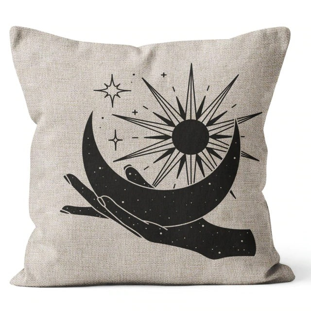 Celestial Hands Cushion Cover — Monochrome Linen Pillow for Boho Bedroom — Lifestyle 4