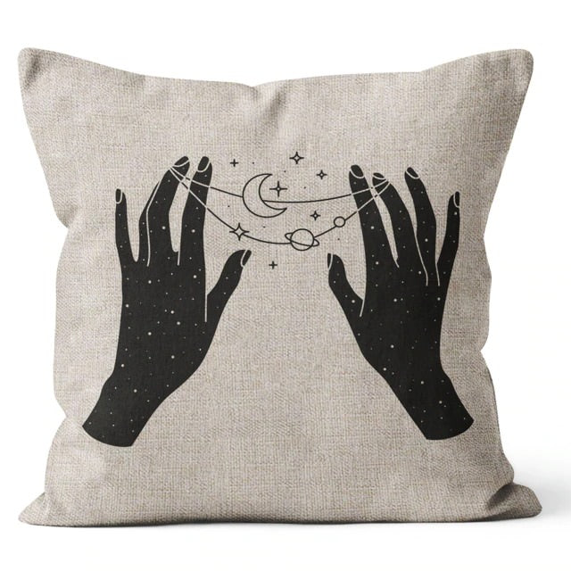 Celestial Hands Cushion Cover — Monochrome Linen Pillow for Boho Bedroom — Lifestyle 5