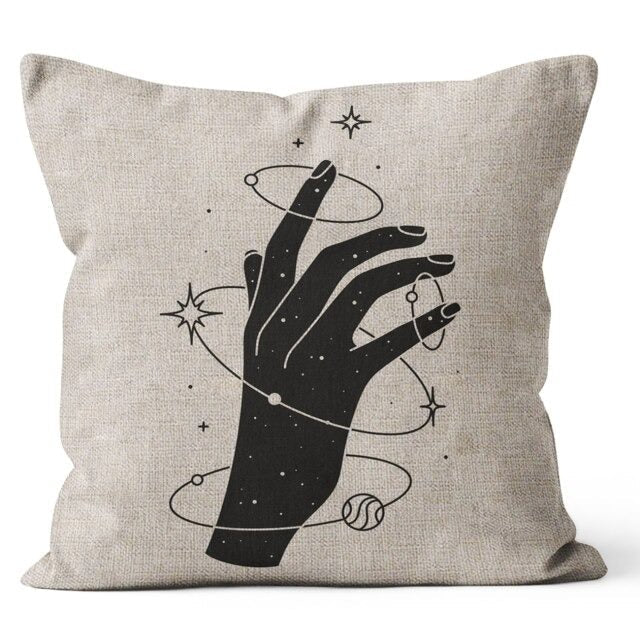 Celestial Hands Cushion Cover — Monochrome Linen Pillow for Boho Bedroom — Lifestyle 7