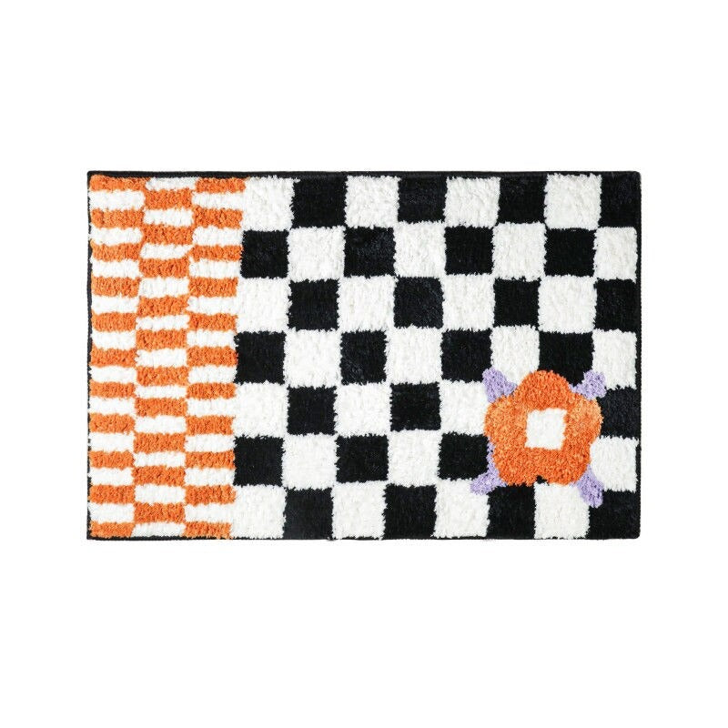 Checkerboard Flower Accent Rug — Soft Accent Rug for Bedroom Layering — Front view