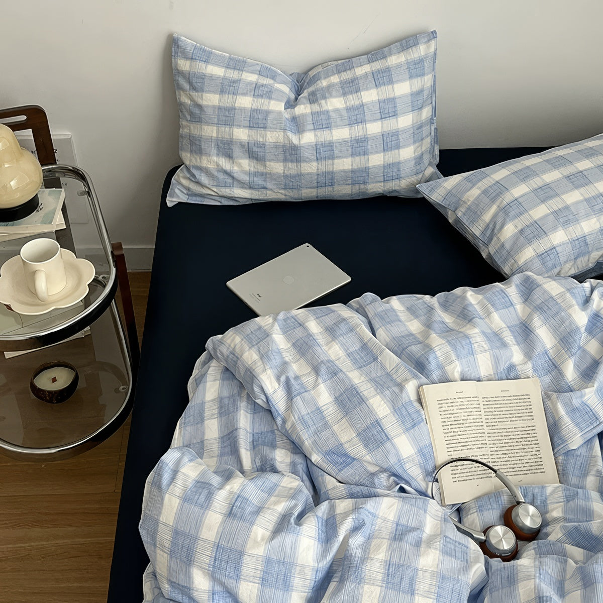 Cloud Blue Gingham Check Bedding Set — Soft-Touch Cotton Duvet & Pillowcases — Lifestyle 1