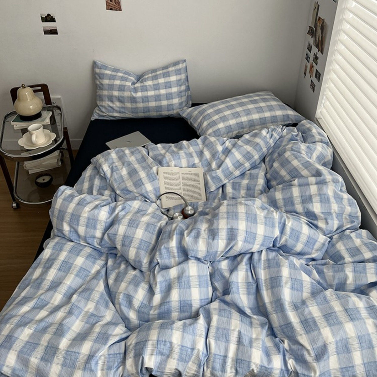Cloud Blue Gingham Check Bedding Set — Soft-Touch Cotton Duvet & Pillowcases — Lifestyle 5