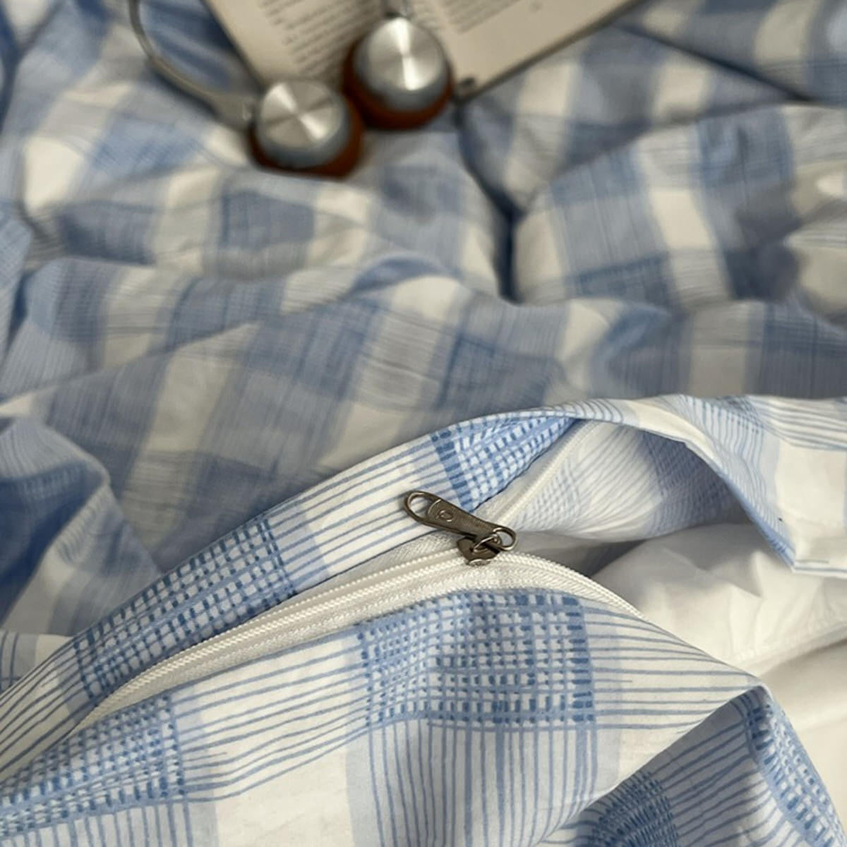 Cloud Blue Gingham Check Bedding Set — Soft-Touch Cotton Duvet & Pillowcases — Lifestyle 4
