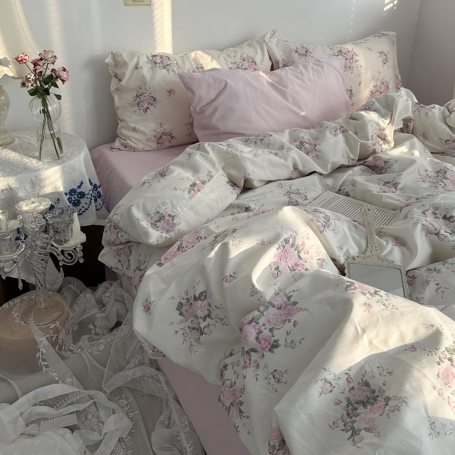 Pink Blooming Roses Bedding Set — Soft-Touch Cotton Duvet & Pillowcases — Lifestyle 3