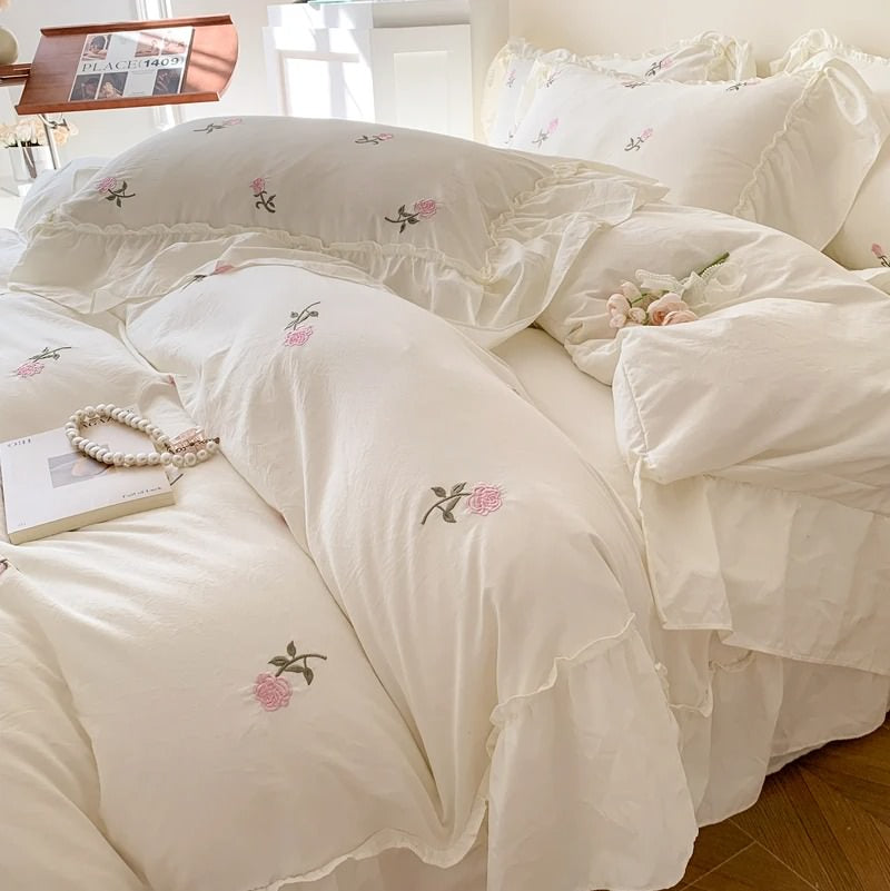 Roses Ruffle Duvet Cover & Sham Set — Floral-Ruffled Bedding for Soft Bedrooms — Detail