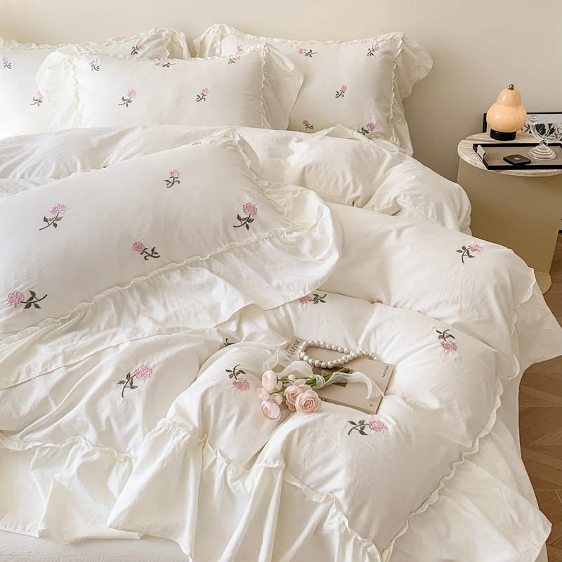 Roses Ruffle Duvet Cover & Sham Set — Floral-Ruffled Bedding for Soft Bedrooms — Front view