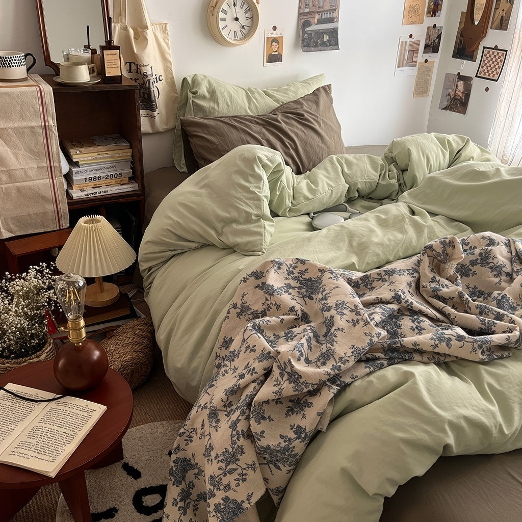 Cottage Themed Green Tones Bedding Set — Soft-Touch Cotton Duvet & Pillowcases — Front view