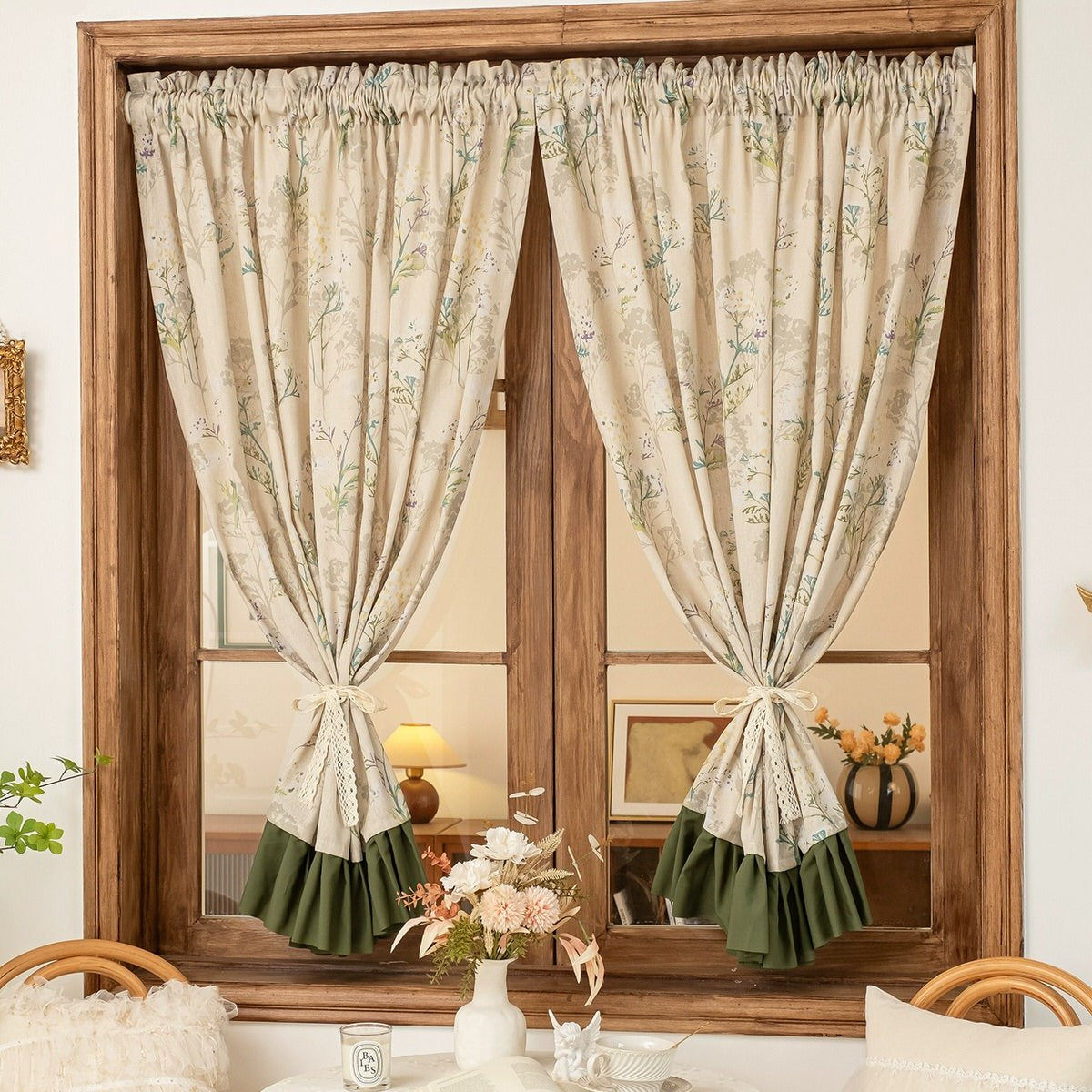 Garden Print Curtain with Forest Green Ruffle Trim — Considered Home Styling — Lifestyle 1