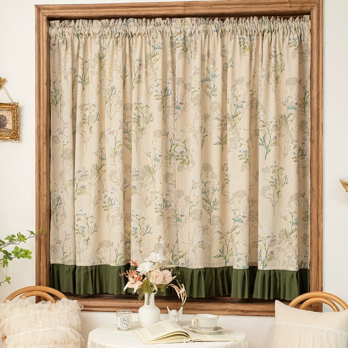 Garden Print Curtain with Forest Green Ruffle Trim — Considered Home Styling — Lifestyle 2