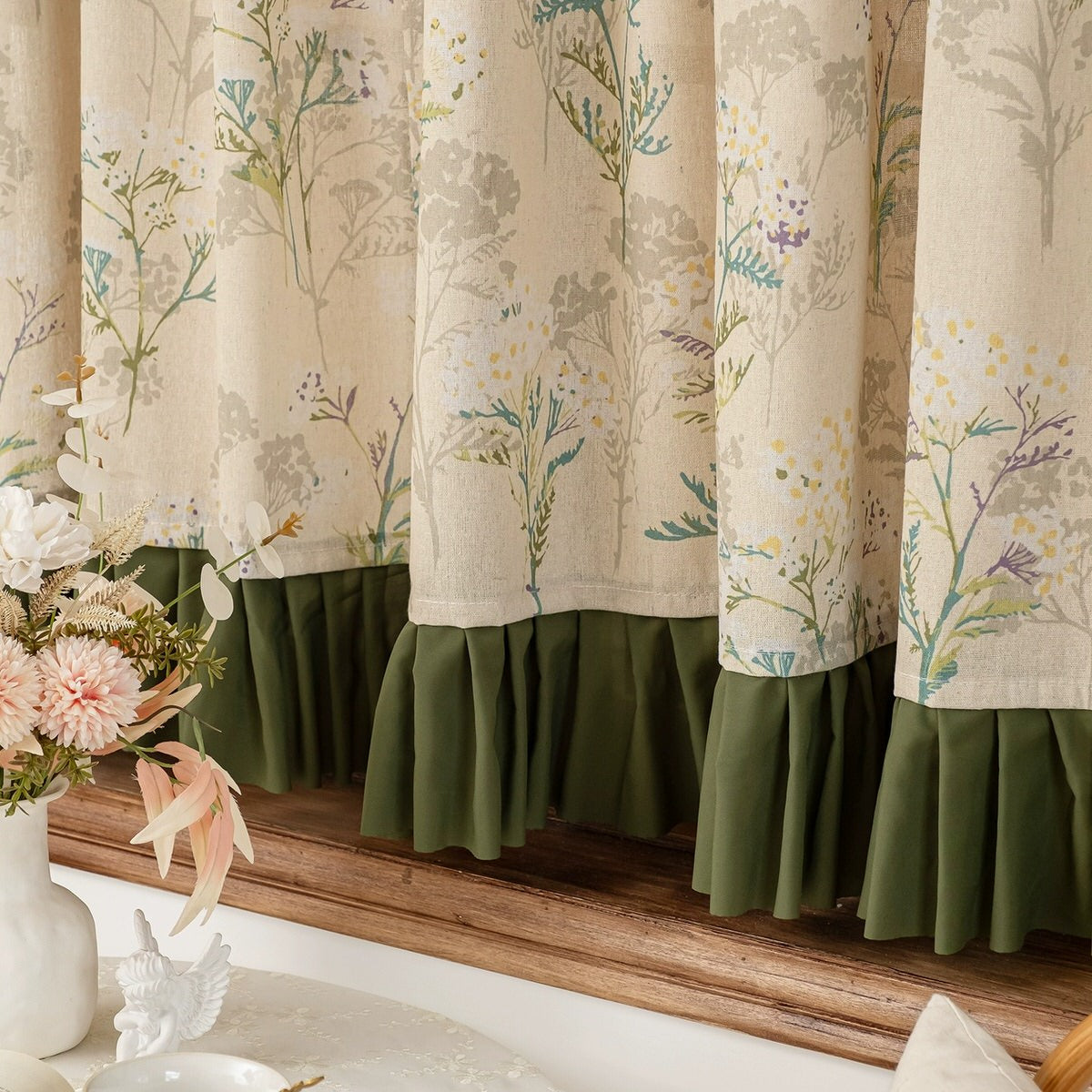 Garden Print Curtain with Forest Green Ruffle Trim — Considered Home Styling — Detail