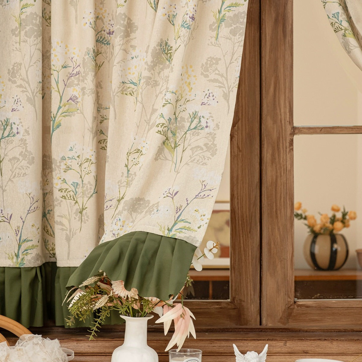 Garden Print Curtain with Forest Green Ruffle Trim — Considered Home Styling — Lifestyle 3