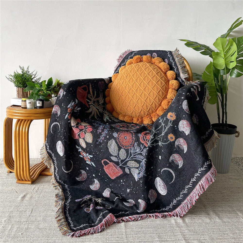 Floral Moon Phase Woven Throw Blanket — Soft Cotton Cover for Bed and Couch Styling — Lifestyle 3