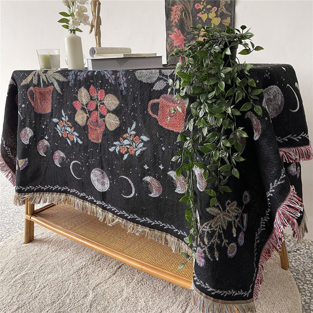 Floral Moon Phase Woven Throw Blanket — Soft Cotton Cover for Bed and Couch Styling — Lifestyle 4