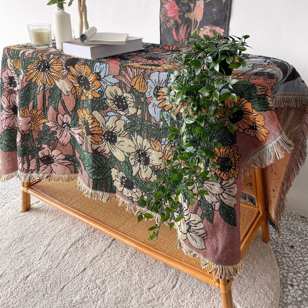 Mountain Floral Woven Throw Blanket — Soft Cotton Cover for Bed and Sofa Layering — Lifestyle 4