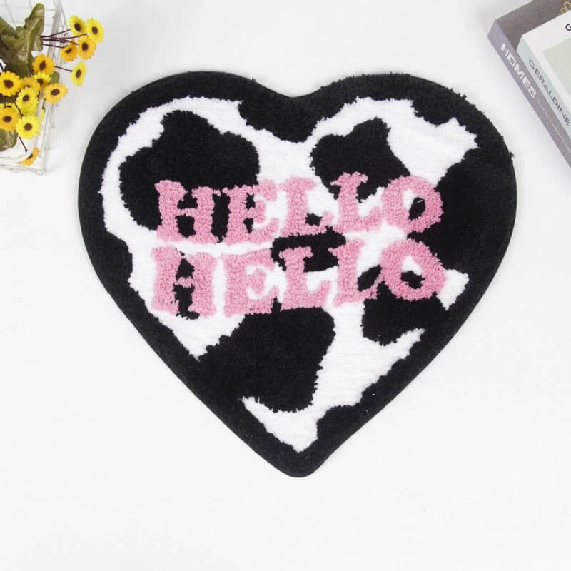 Cow Print Heart Shaped Accent Rug — Soft Accent Rug for Bedroom Layering — Lifestyle 1