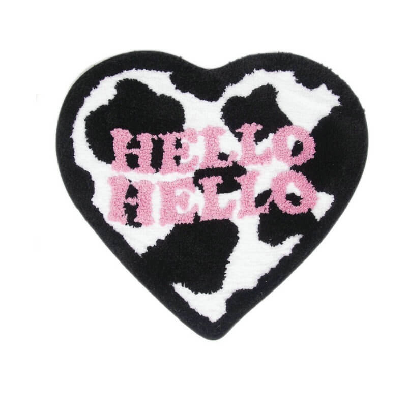 Cow Print Heart Shaped Accent Rug — Soft Accent Rug for Bedroom Layering — Front view