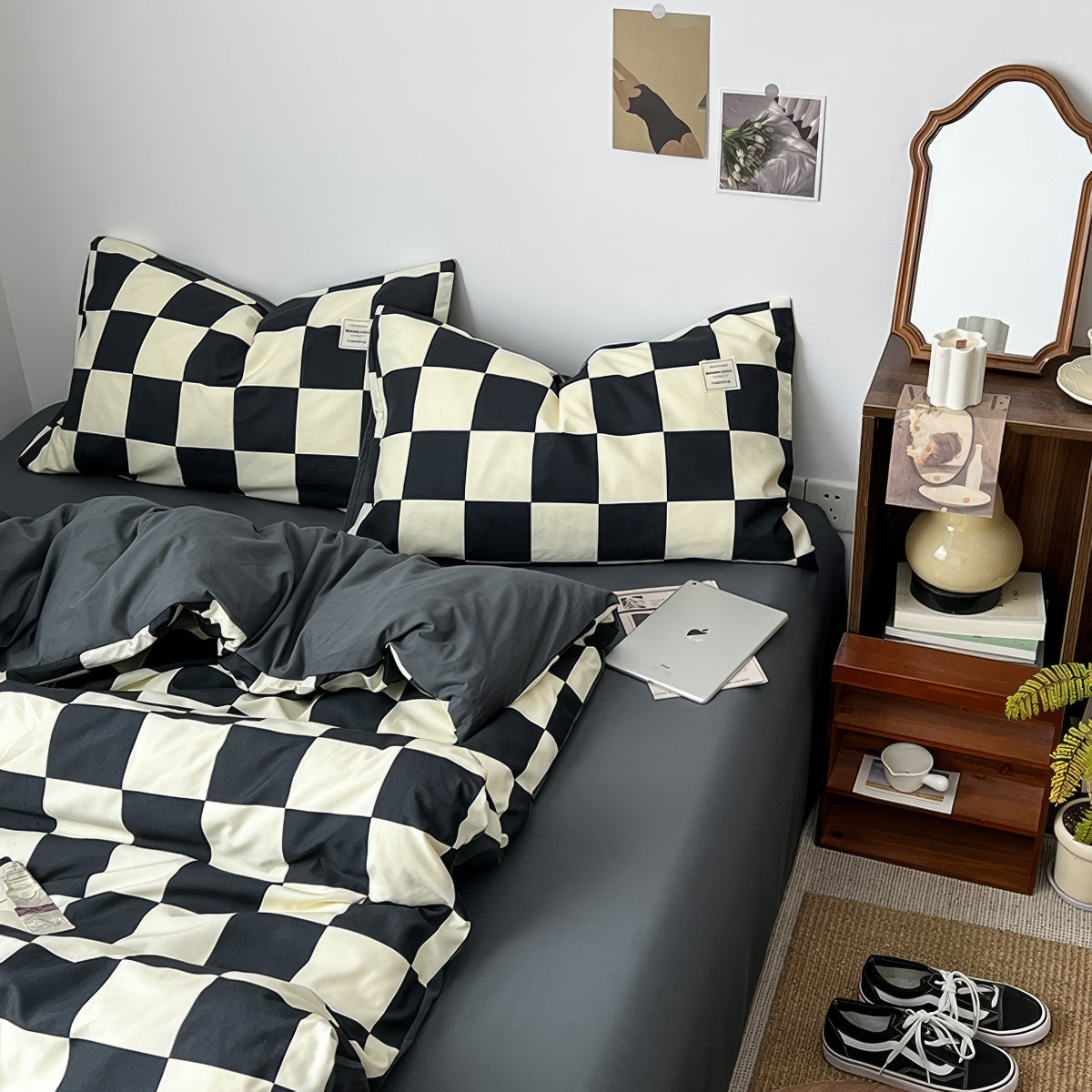 Black & Cream Checkered Bedding Set — Soft-Touch Cotton Duvet & Pillowcases — Lifestyle 5