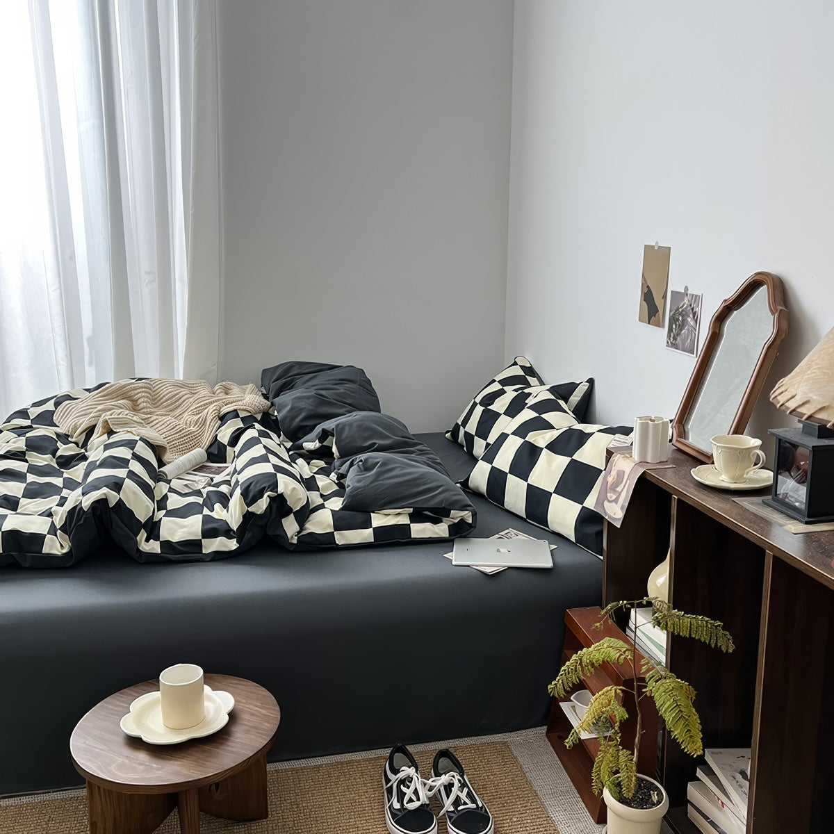 Black & Cream Checkered Bedding Set — Soft-Touch Cotton Duvet & Pillowcases — Lifestyle 2