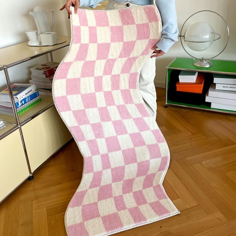 Curvy Edge Pastel Checker Rug — Soft Accent Rug for Bedroom Layering — Front view