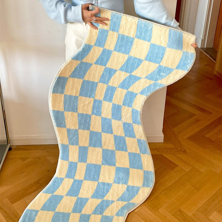 Curvy Edge Pastel Checker Rug — Soft Accent Rug for Bedroom Layering — Lifestyle 2