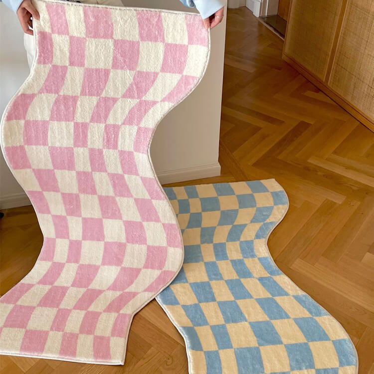 Curvy Edge Pastel Checker Rug — Soft Accent Rug for Bedroom Layering — Lifestyle 3