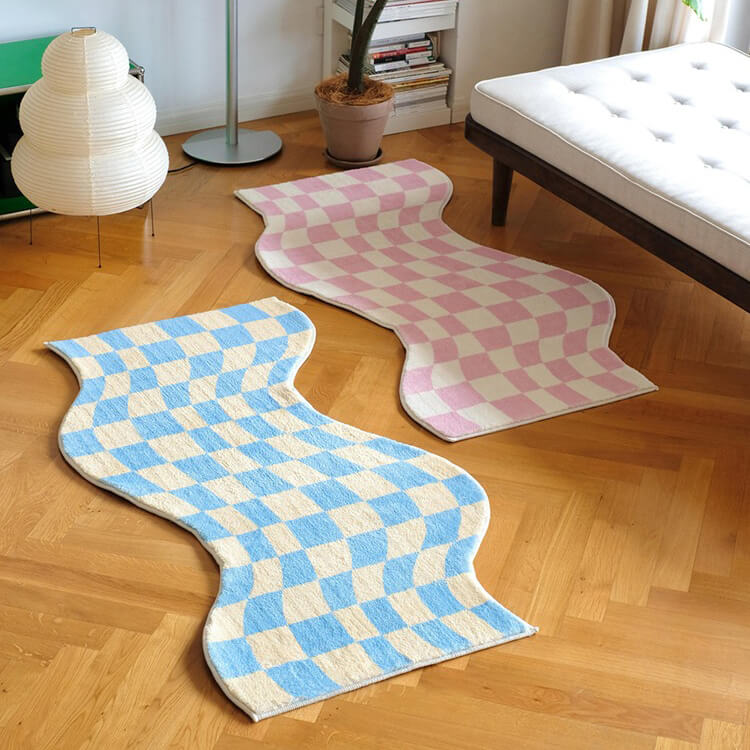 Curvy Edge Pastel Checker Rug — Soft Accent Rug for Bedroom Layering — Lifestyle 4