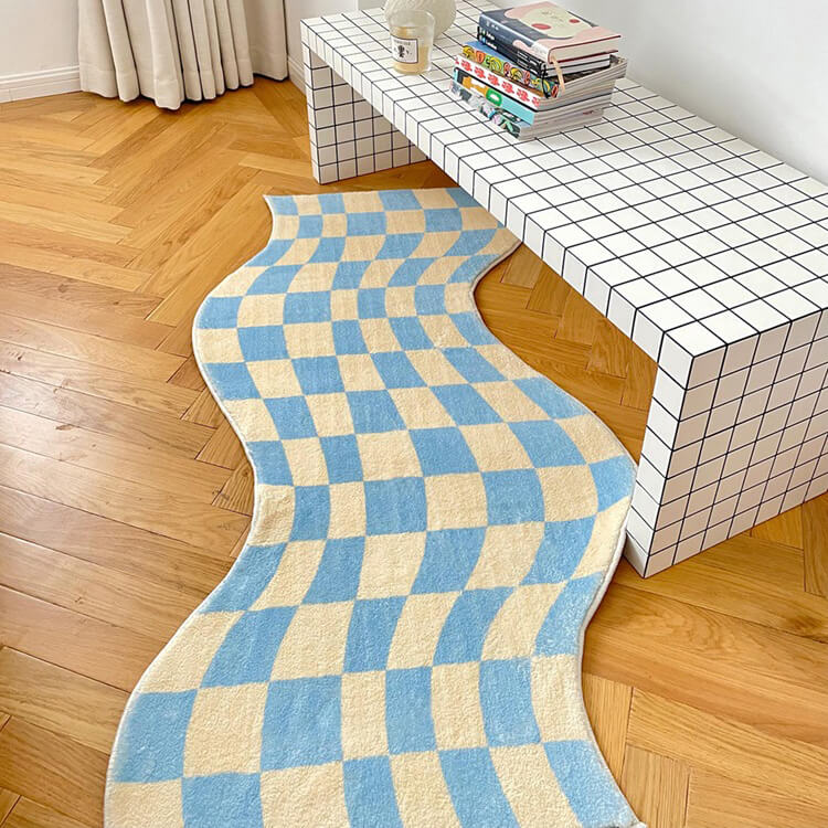 Curvy Edge Pastel Checker Rug — Soft Accent Rug for Bedroom Layering — Detail