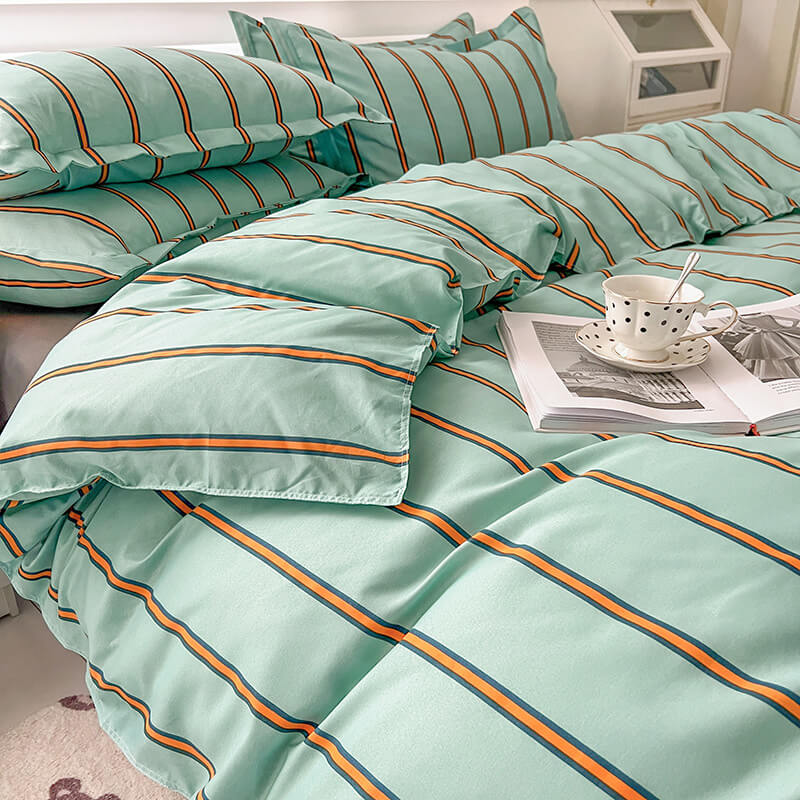 Turquoise Striped Bedding Set — Soft-Touch Cotton Duvet & Pillowcases — Detail