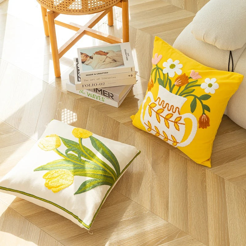 Embroidered Flowers in a Vase Cushion Cover — Soft Textured Pillow for Bedroom Layering — Lifestyle 2