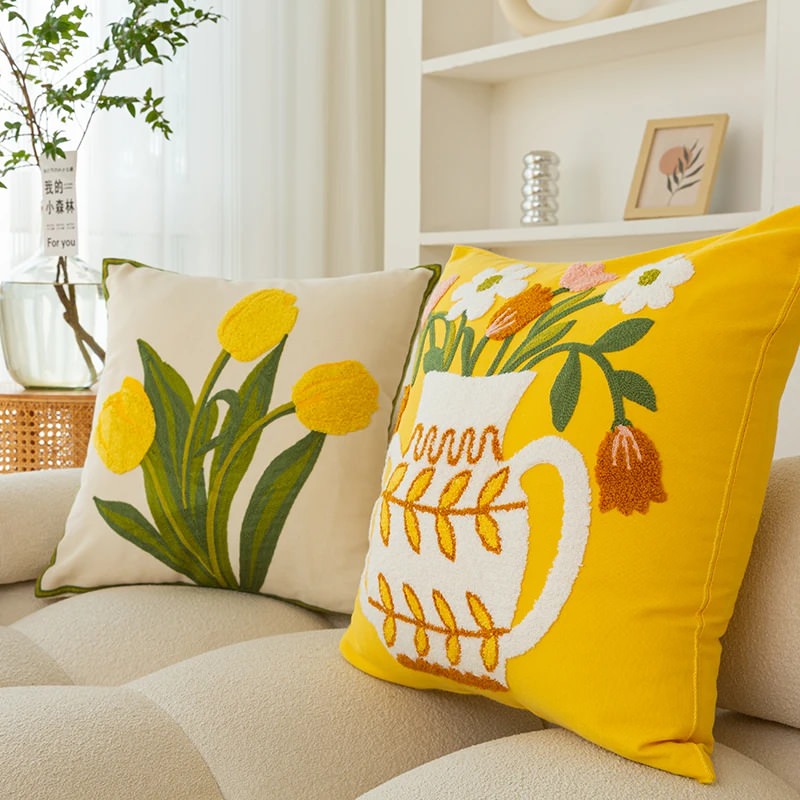 Embroidered Flowers in a Vase Cushion Cover — Soft Textured Pillow for Bedroom Layering — Lifestyle 1