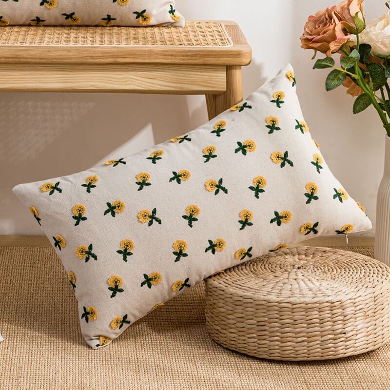 Embroidered Flowers Cushion Cover — Soft Textured Pillow for Bedroom Layering — Lifestyle 7