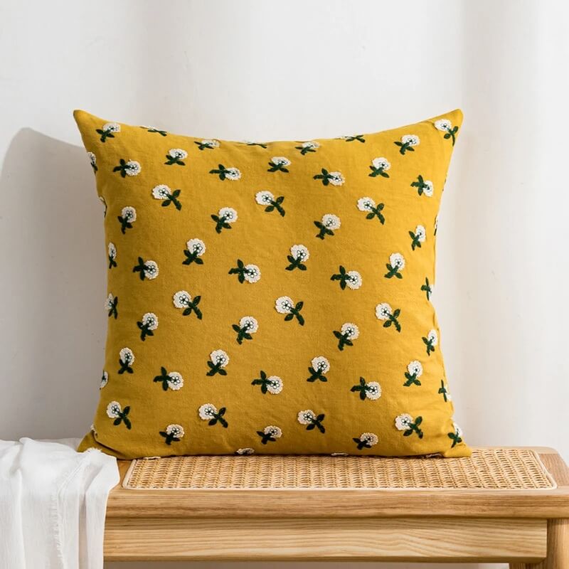Embroidered Flowers Cushion Cover — Soft Textured Pillow for Bedroom Layering — Lifestyle 4