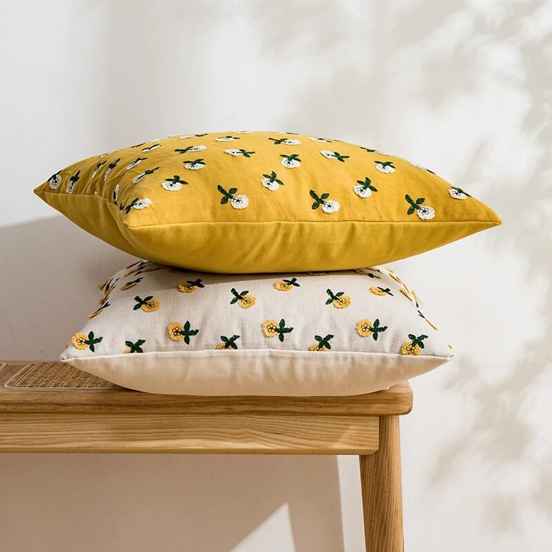 Embroidered Flowers Cushion Cover — Soft Textured Pillow for Bedroom Layering — Lifestyle 2
