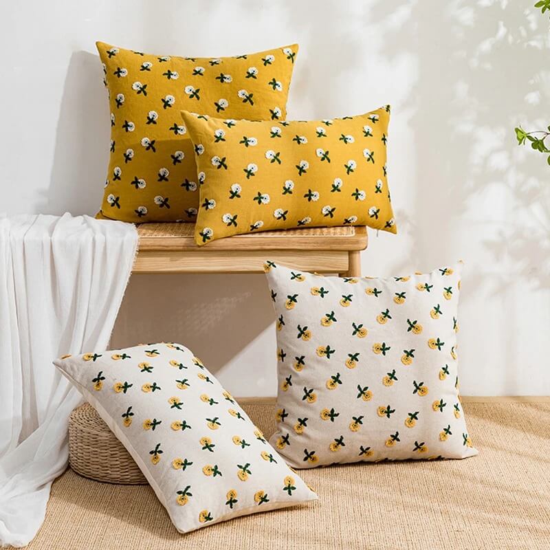 Embroidered Flowers Cushion Cover — Soft Textured Pillow for Bedroom Layering — Front view