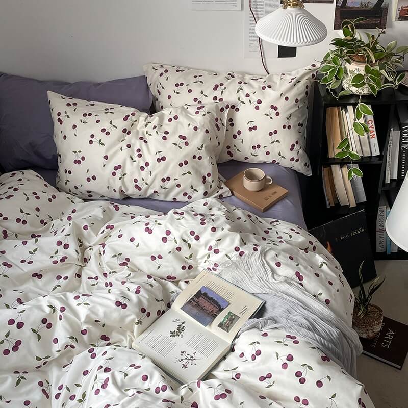 Purple Cherries Bedding Set — Soft-Touch Cotton Duvet & Pillowcases — Front view