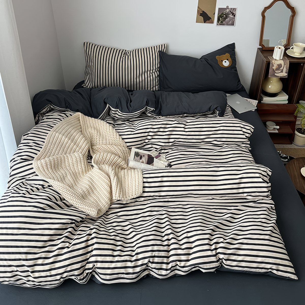 Navy & Cream Striped Bedding Set — Soft-Touch Cotton Duvet & Pillowcases — Lifestyle 6