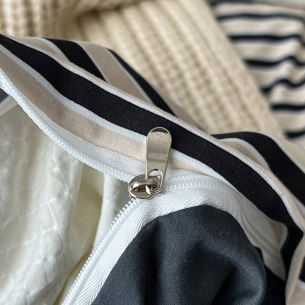 Navy & Cream Striped Bedding Set — Soft-Touch Cotton Duvet & Pillowcases — Lifestyle 2