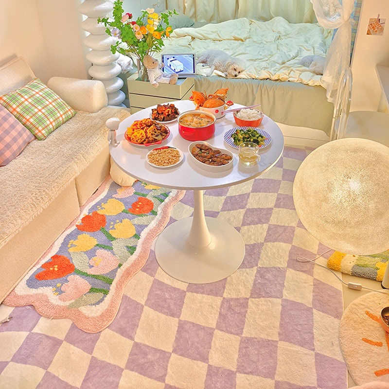 Pastel Curvy Checker Carpet — Soft Accent Rug for Bedroom Layering — Detail