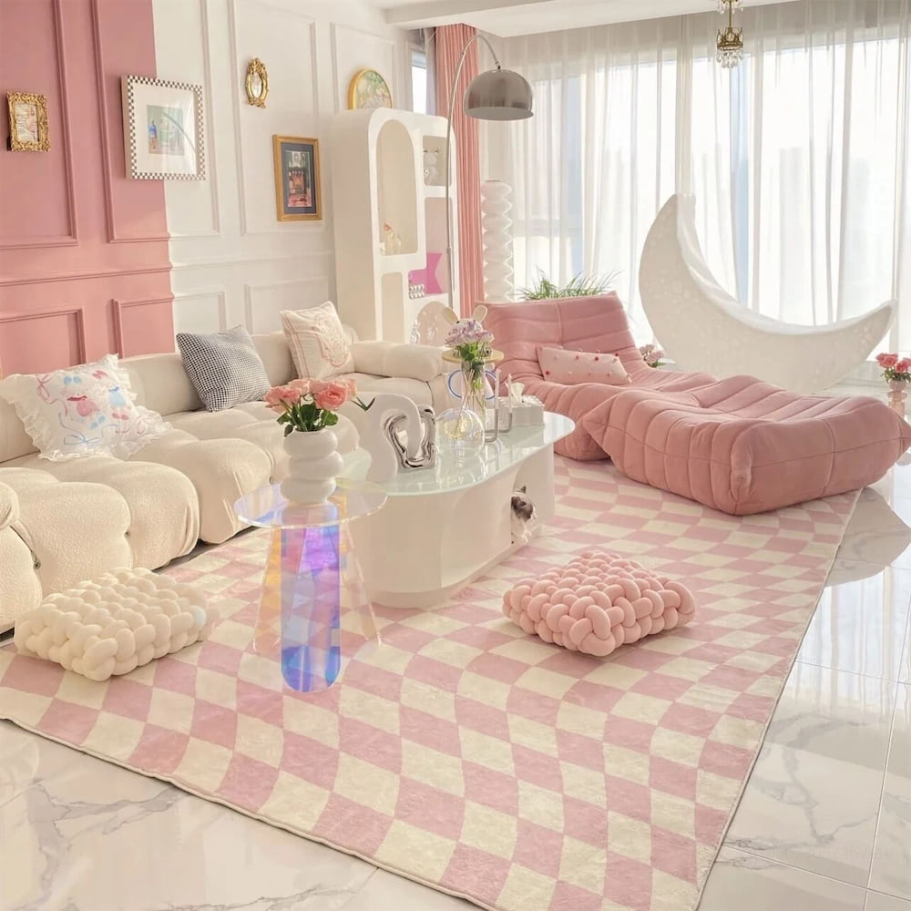 Pastel Curvy Checker Carpet — Soft Accent Rug for Bedroom Layering — Lifestyle 3