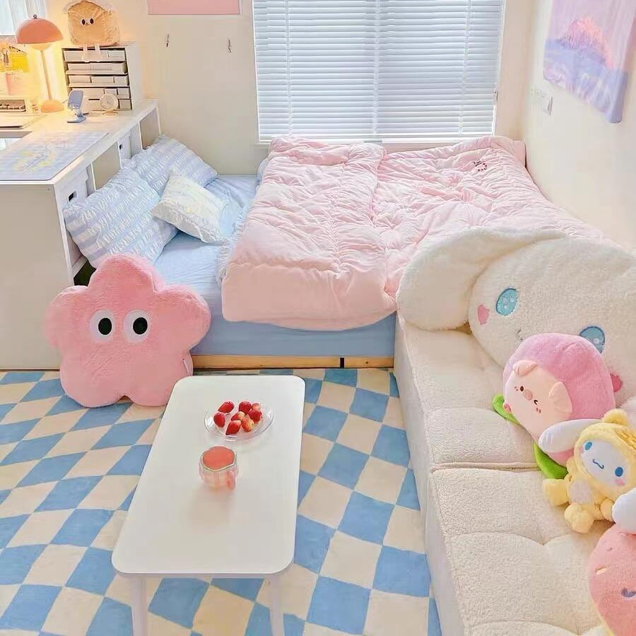 Pastel Curvy Checker Carpet — Soft Accent Rug for Bedroom Layering — Lifestyle 5
