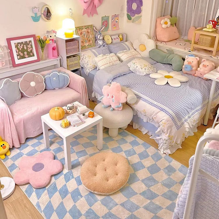 Pastel Curvy Checker Carpet — Soft Accent Rug for Bedroom Layering — Lifestyle 4