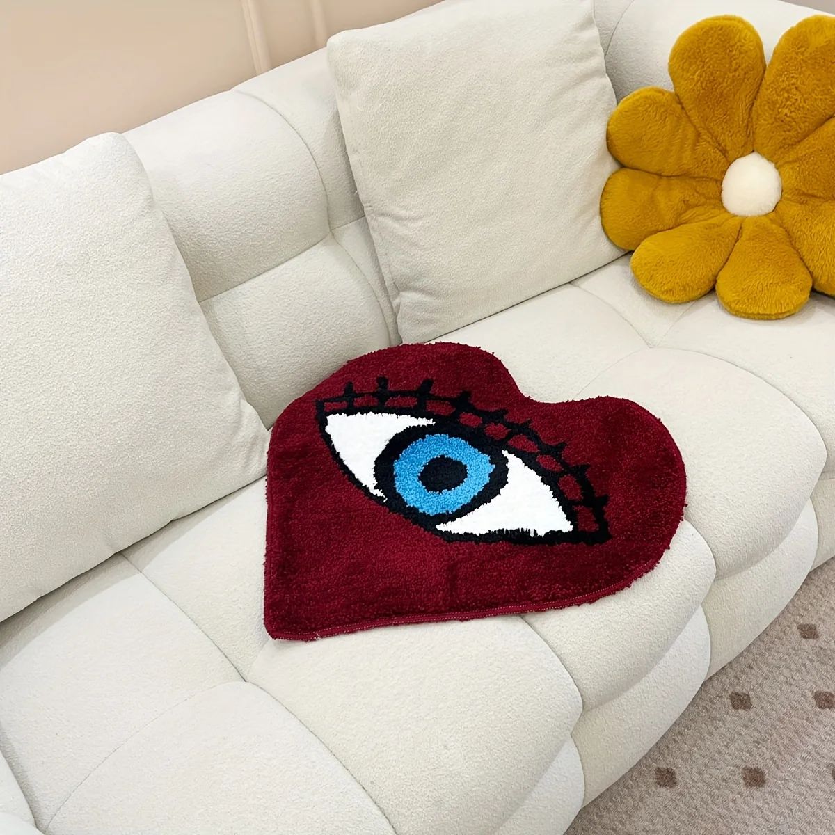 Dark Red Eye Heart Tufted Rug — Soft Accent Rug for Bedroom Layering — Detail