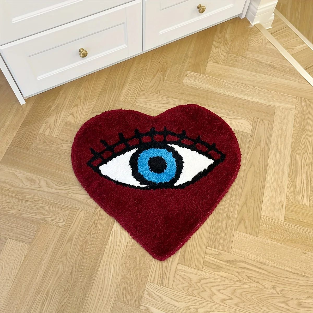 Dark Red Eye Heart Tufted Rug — Soft Accent Rug for Bedroom Layering — Lifestyle 2