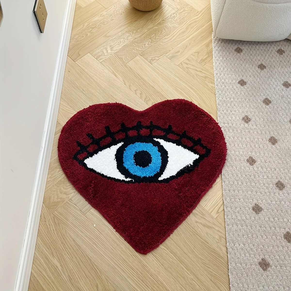 Dark Red Eye Heart Tufted Rug — Soft Accent Rug for Bedroom Layering — Lifestyle 3