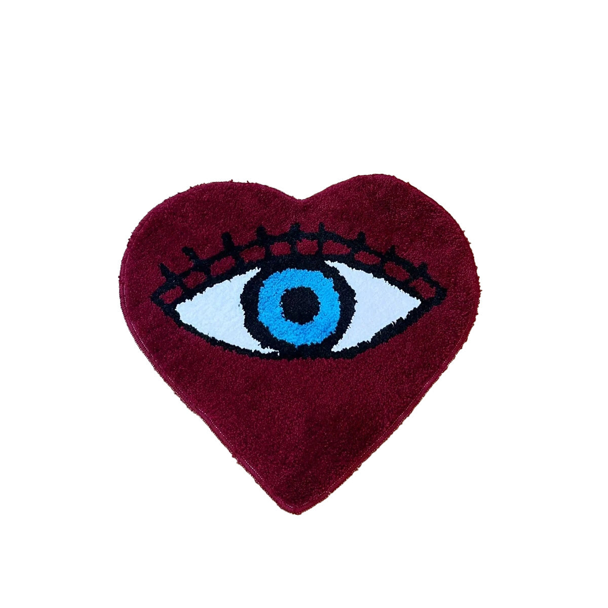 Dark Red Eye Heart Tufted Rug — Soft Accent Rug for Bedroom Layering — Front view