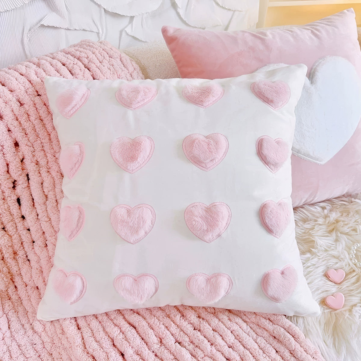 Plush Heart Cushion Cover — Velvet Set with Raised Appliqué for Layered Bedding — Lifestyle 4